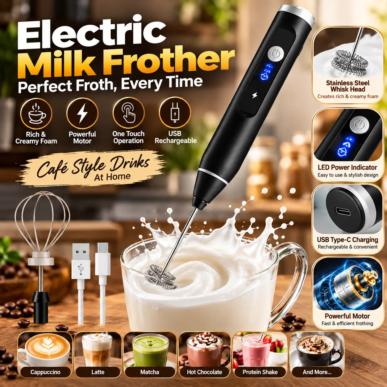 2 in 1 Premium Electric Milk Frother | USB Rechargeable Coffee & Milk Foam Maker - Image 2