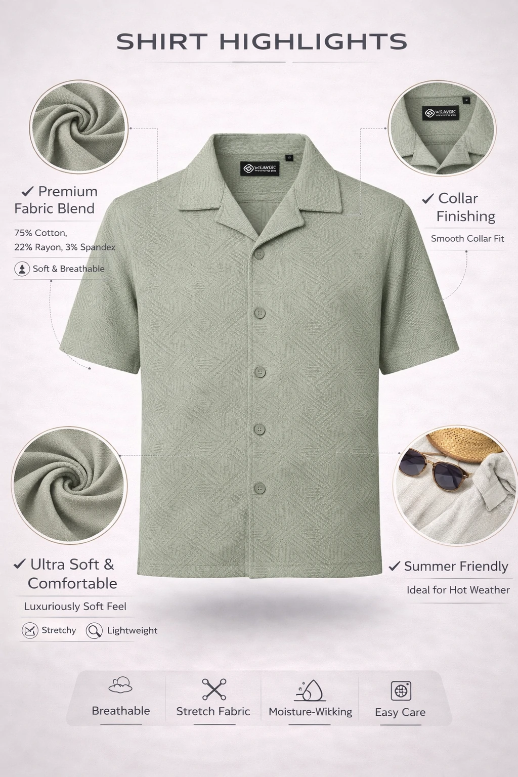 Textured Premium Open Collar Knit Half Shirt - Sage Green - Image 2