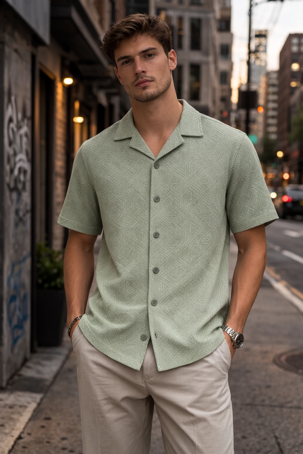 Textured Premium Open Collar Knit Half Shirt - Sage Green
